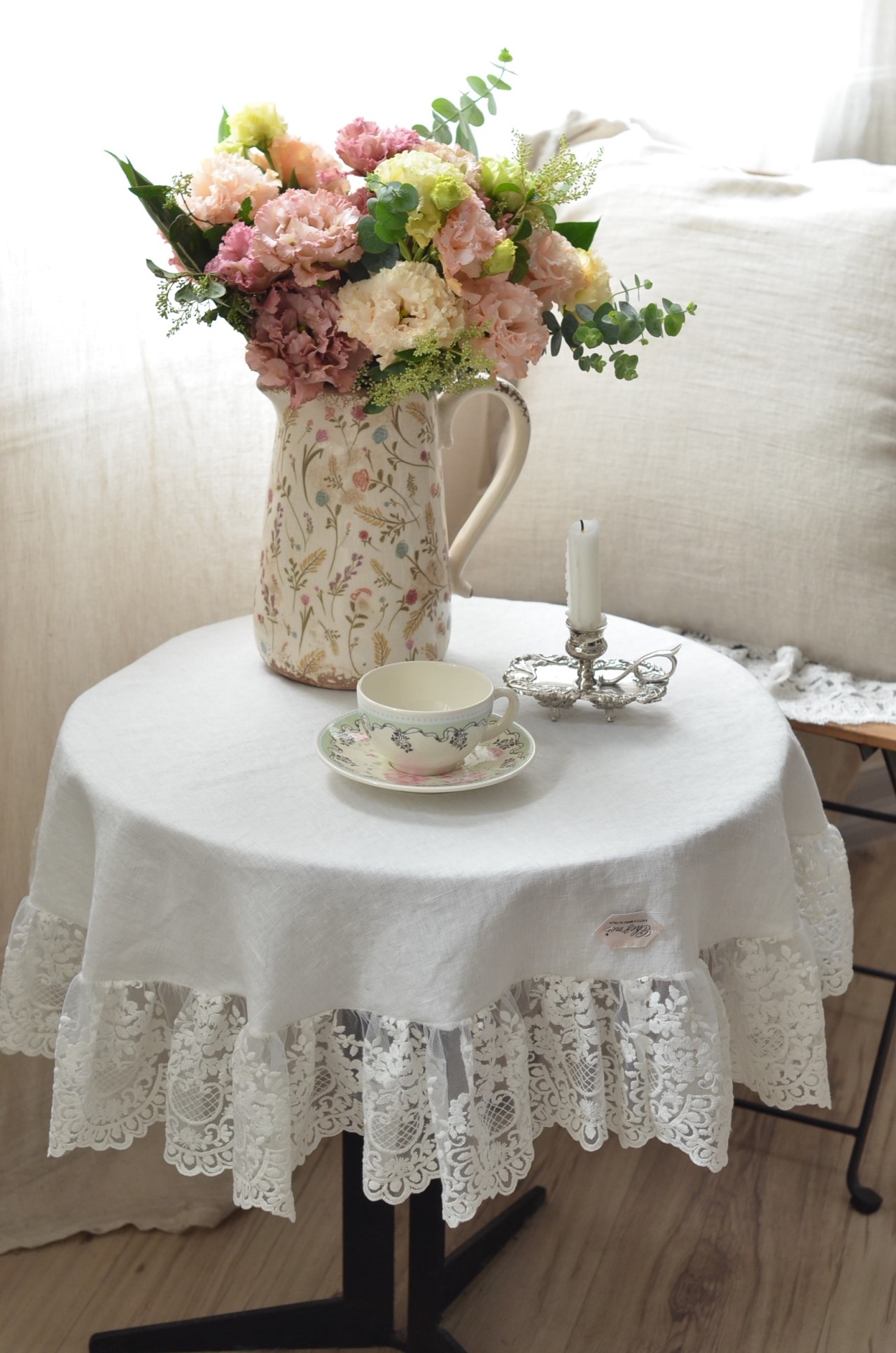 { CHEZ MOI } ∞圓形亞麻蕾絲桌巾 90cm (3色）