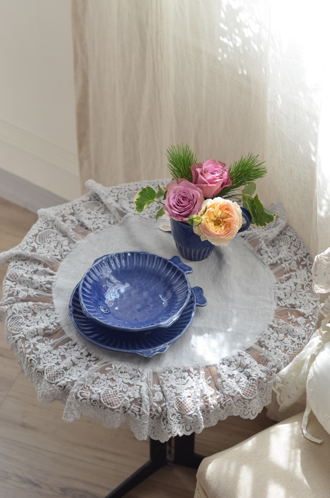 { CHEZ MOI }∞ 圓形亞麻蕾絲桌巾 60cm (6色)